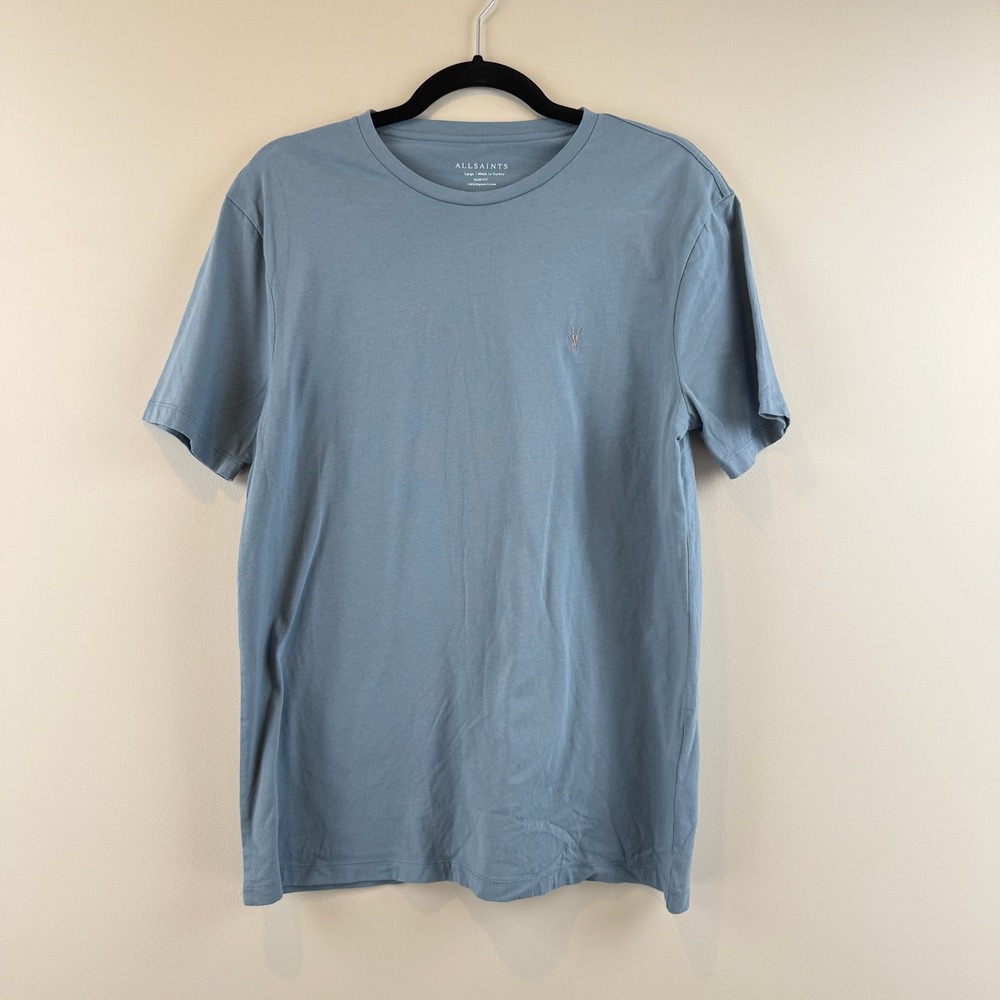 AllSaints T-Shirt Mens Large Slim Fit Minimalist Blue Ramskull Tonic Tee